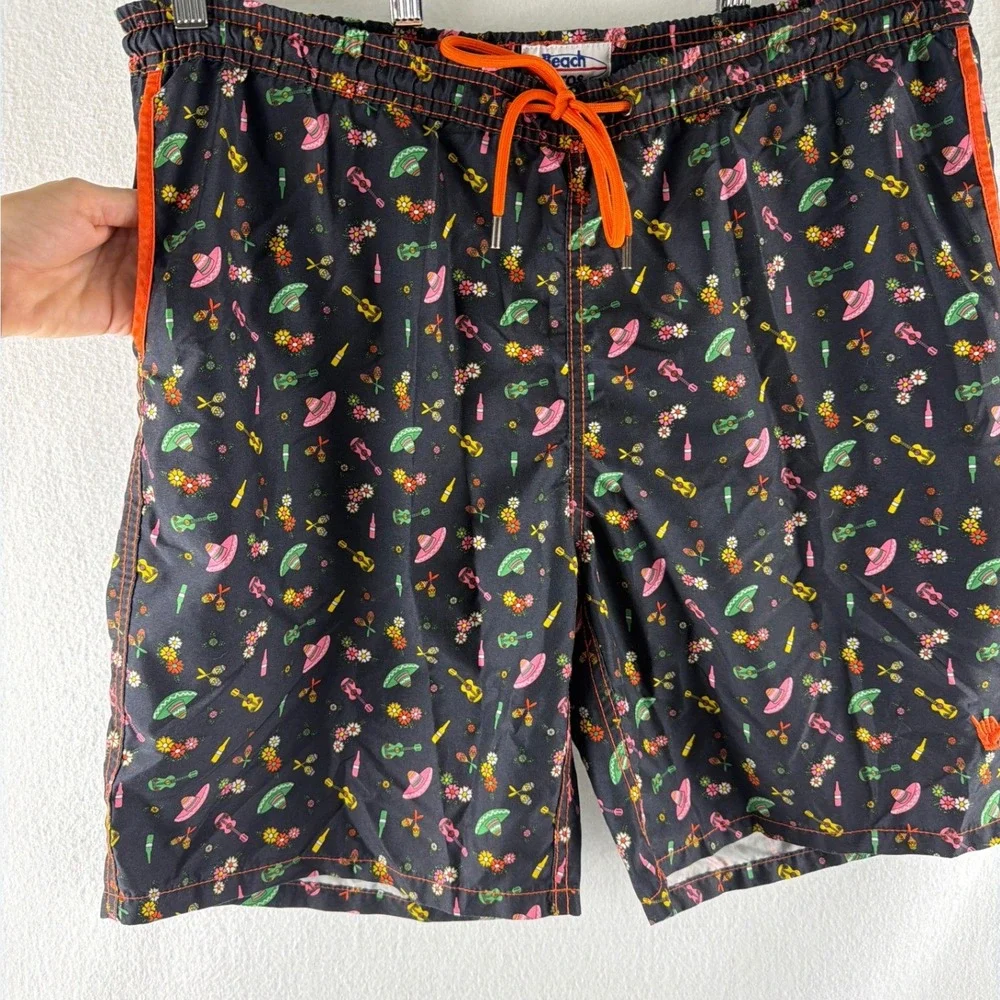 Beach Bros Mens XL Swim Trunks‎ Black Fiesta Sombrero Guitar Print Board Shorts